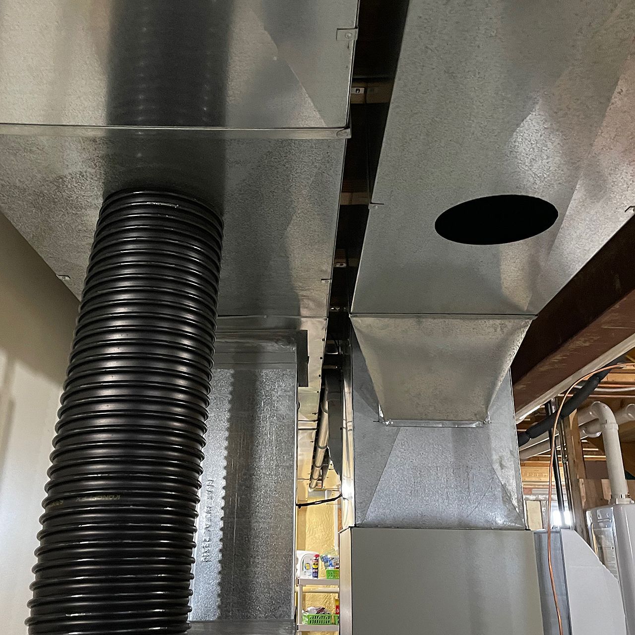 Detail of the high-capacity vacuum hose connection to the ductwork.