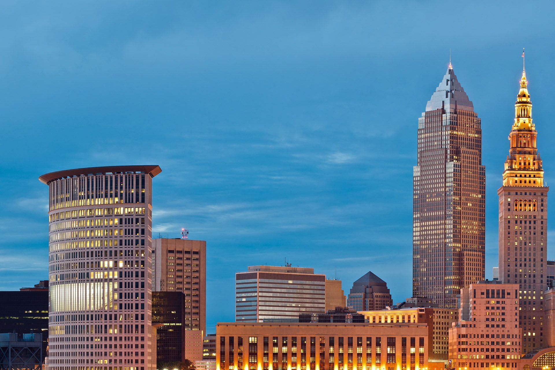 The Cleveland skyline with a blue sky in the background