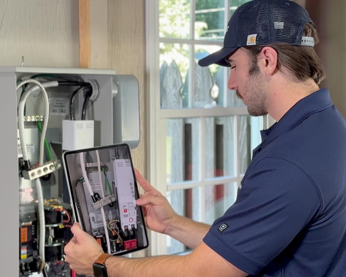 A technician wearing a blue shirt and baseball cap examines an electrical panel while referencing a tablet screen.