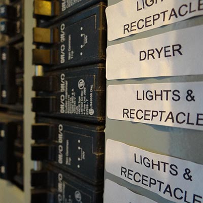 A row of electrical breaker switches with labels