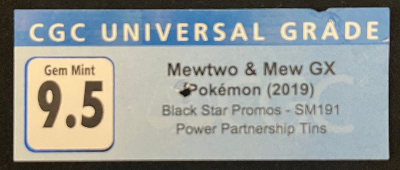 A CGC graded Pokémon card label for Mewtwo & Mew GX graded 9.5