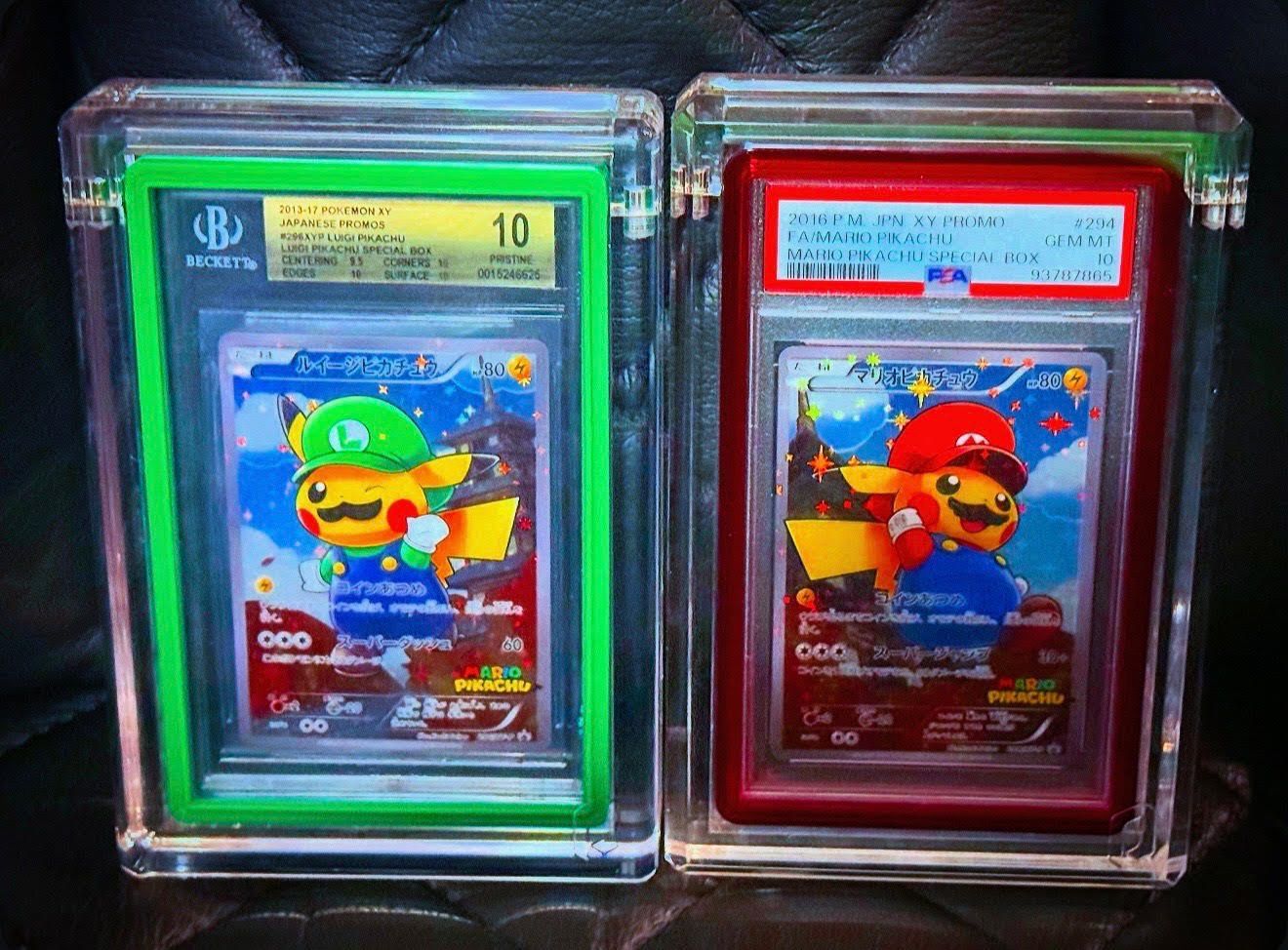 BGS 10 Japanese Luigi Pikachu & PSA 10 Japanese Mario Pikachu XY Promos