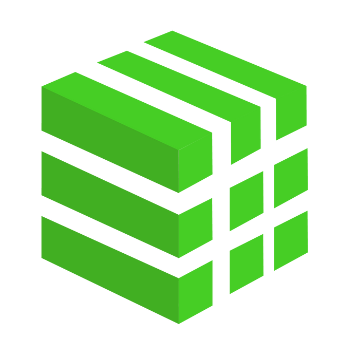 A green cube with white stripes on a white background.