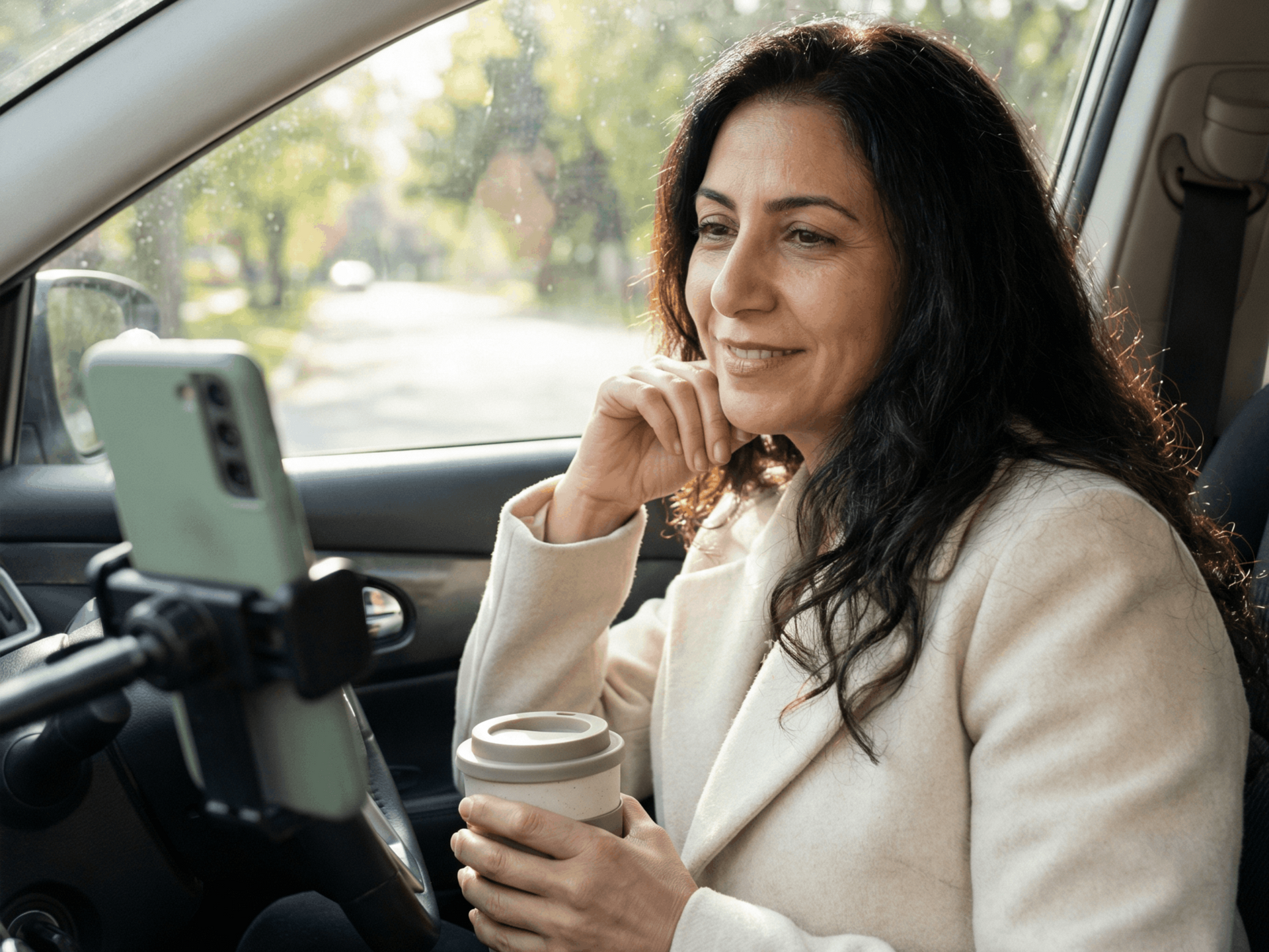Woman in car holding coffee, looking at phone mounted on steering wheel.