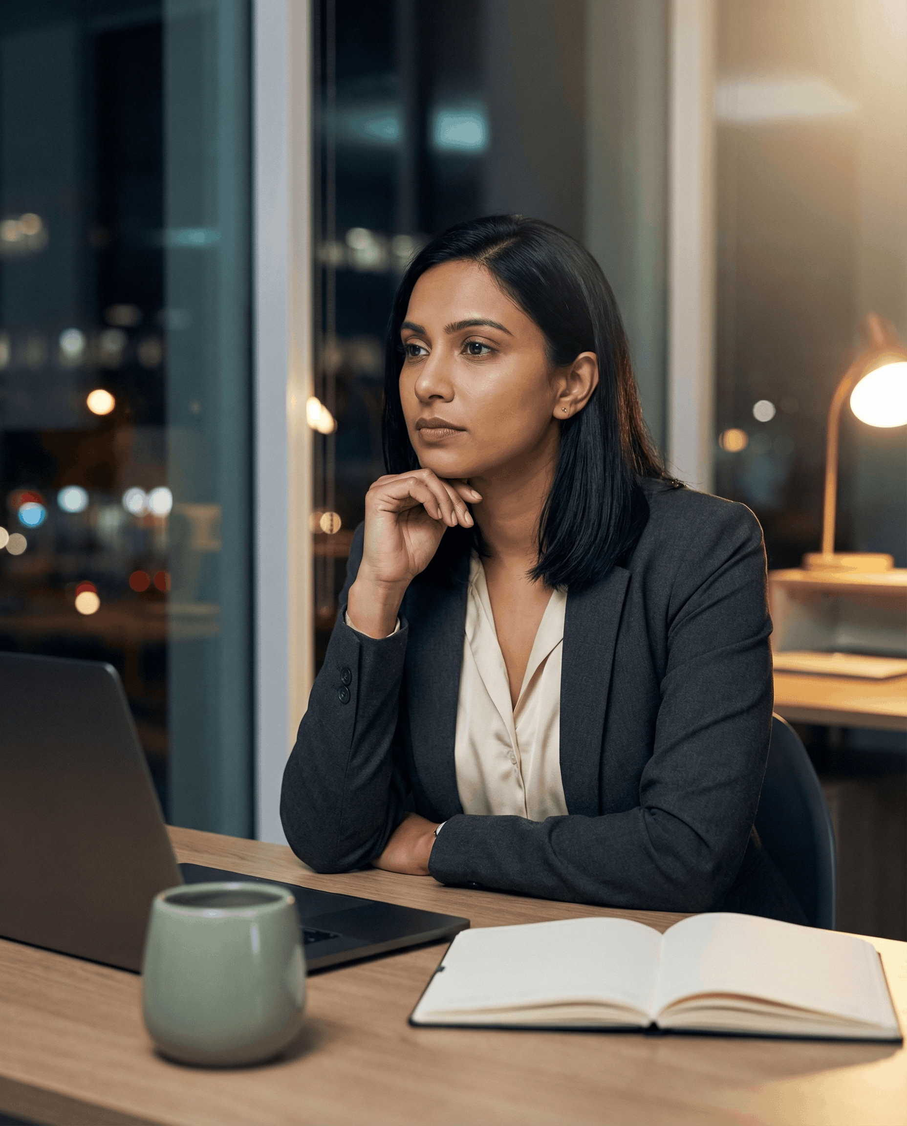 Woman in blazer at desk, looking at laptop, with a book, mug, and lamp. Night setting.