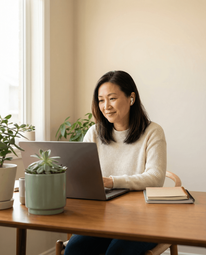 Woman working on laptop at wooden desk near a window, smiling. Plants and notepad present.