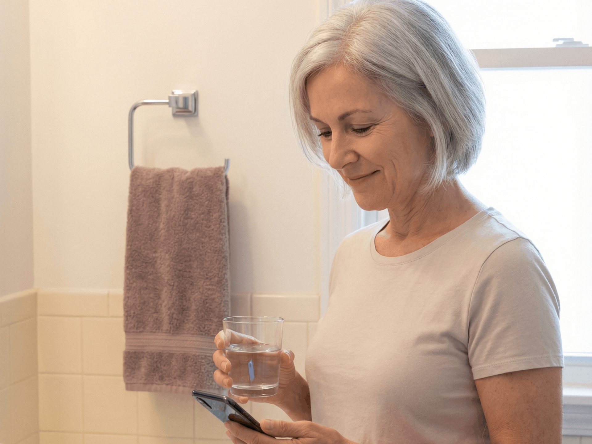 Woman in bathroom holding glass of water and smartphone, smiling. Towel and window in background.