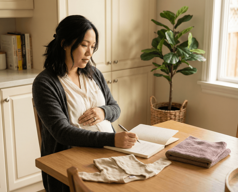 Pregnant person seated at a table, writing in a notebook, with baby clothes nearby.