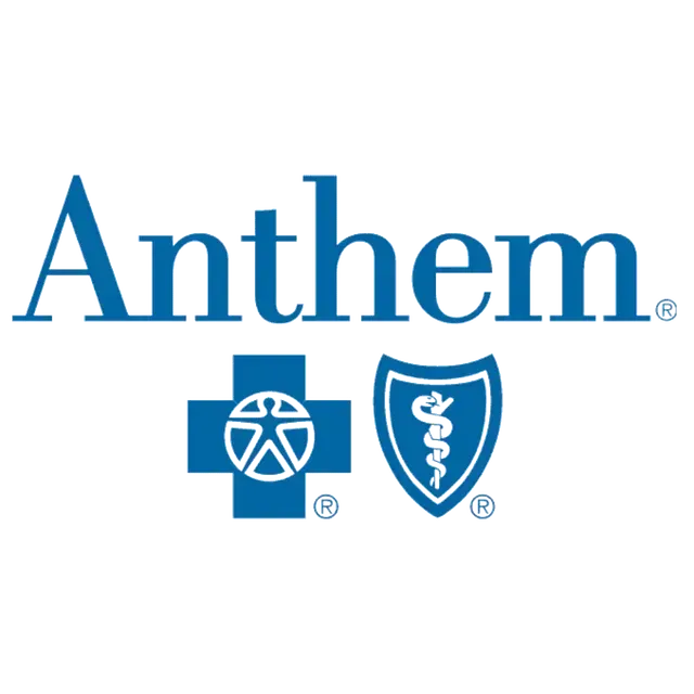 Anthem logo: Blue text and two blue symbols on white background.