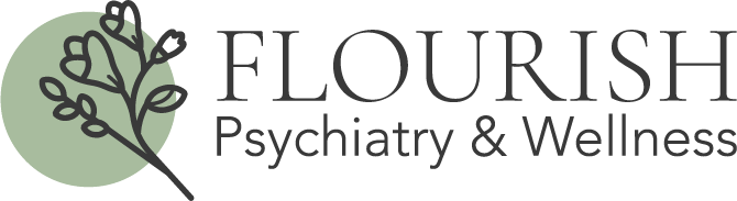 Logo for Flourish Psychiatry & Wellness: plant design in a circle next to text.