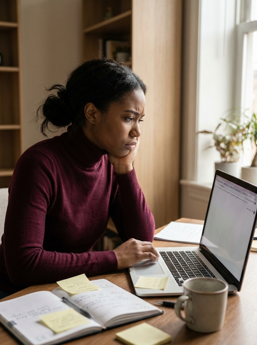 Woman in gray sweater smiles in front of a painting with yellow, white, and green birch trees.