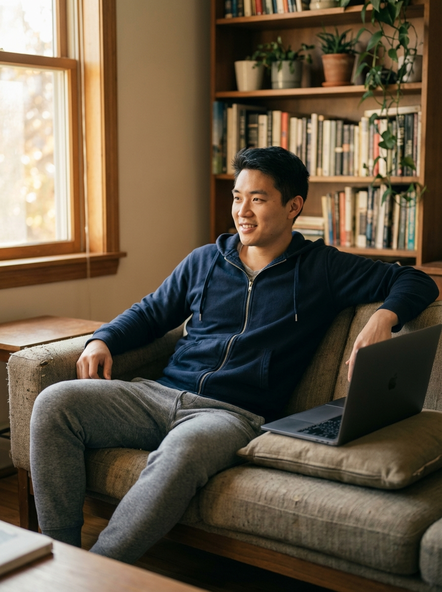 Woman stands in a kitchen, looking out the window, hands on the counter.
