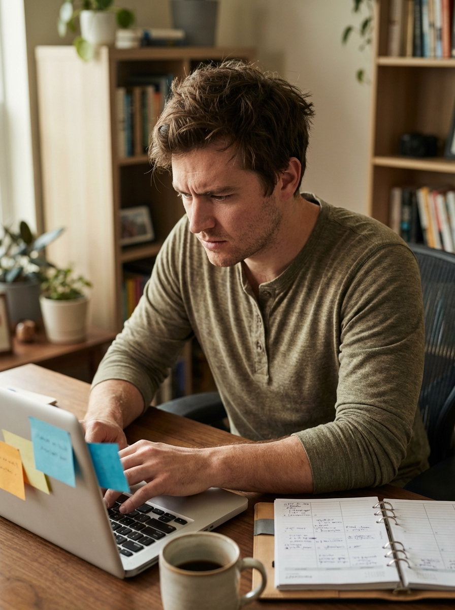 Pregnant person seated at a table, writing in a notebook, with baby clothes nearby.