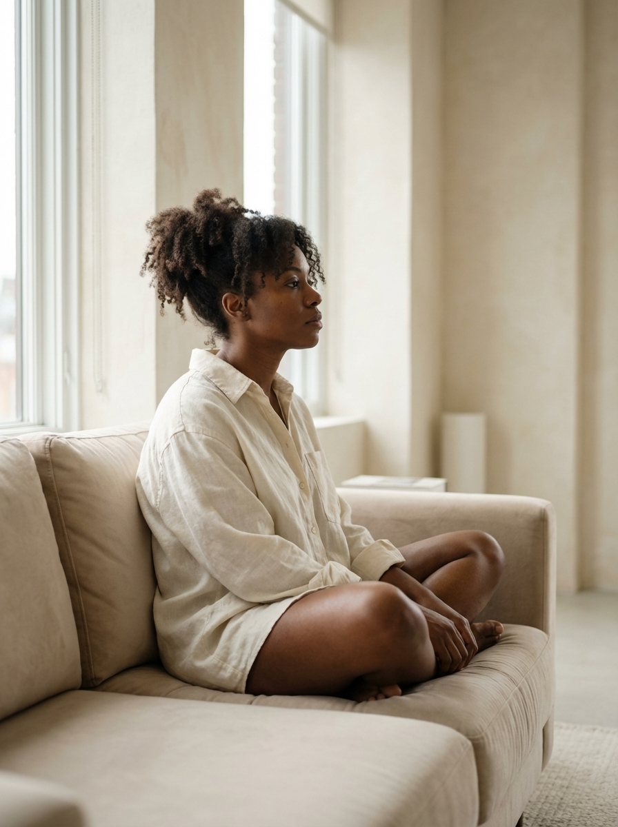 Woman in gray sweater smiles in front of a painting with yellow, white, and green birch trees.