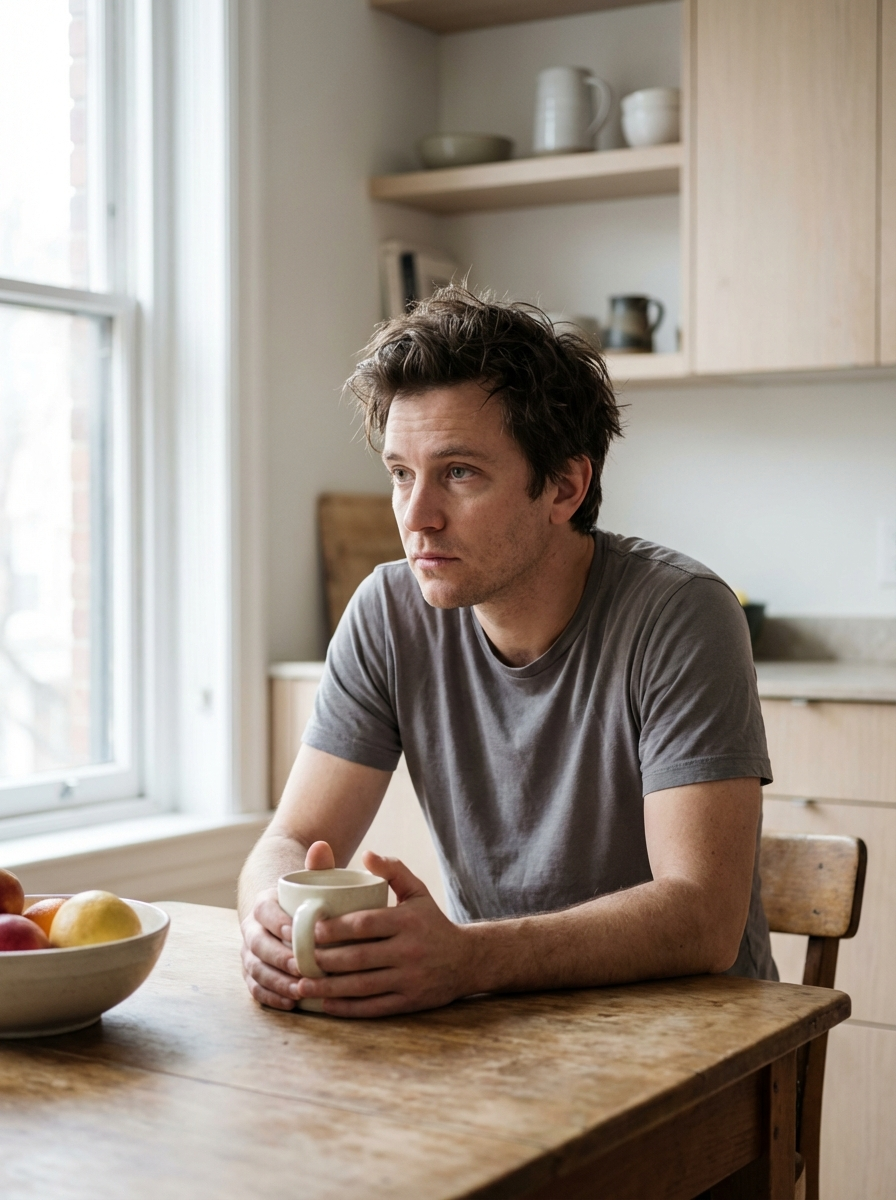 Pregnant person seated at a table, writing in a notebook, with baby clothes nearby.