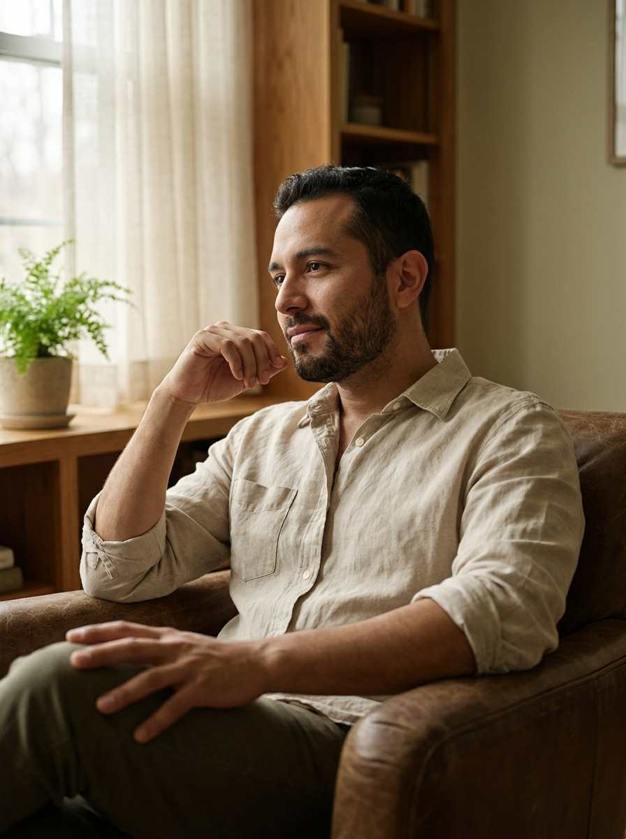 Woman stands in a kitchen, looking out the window, hands on the counter.