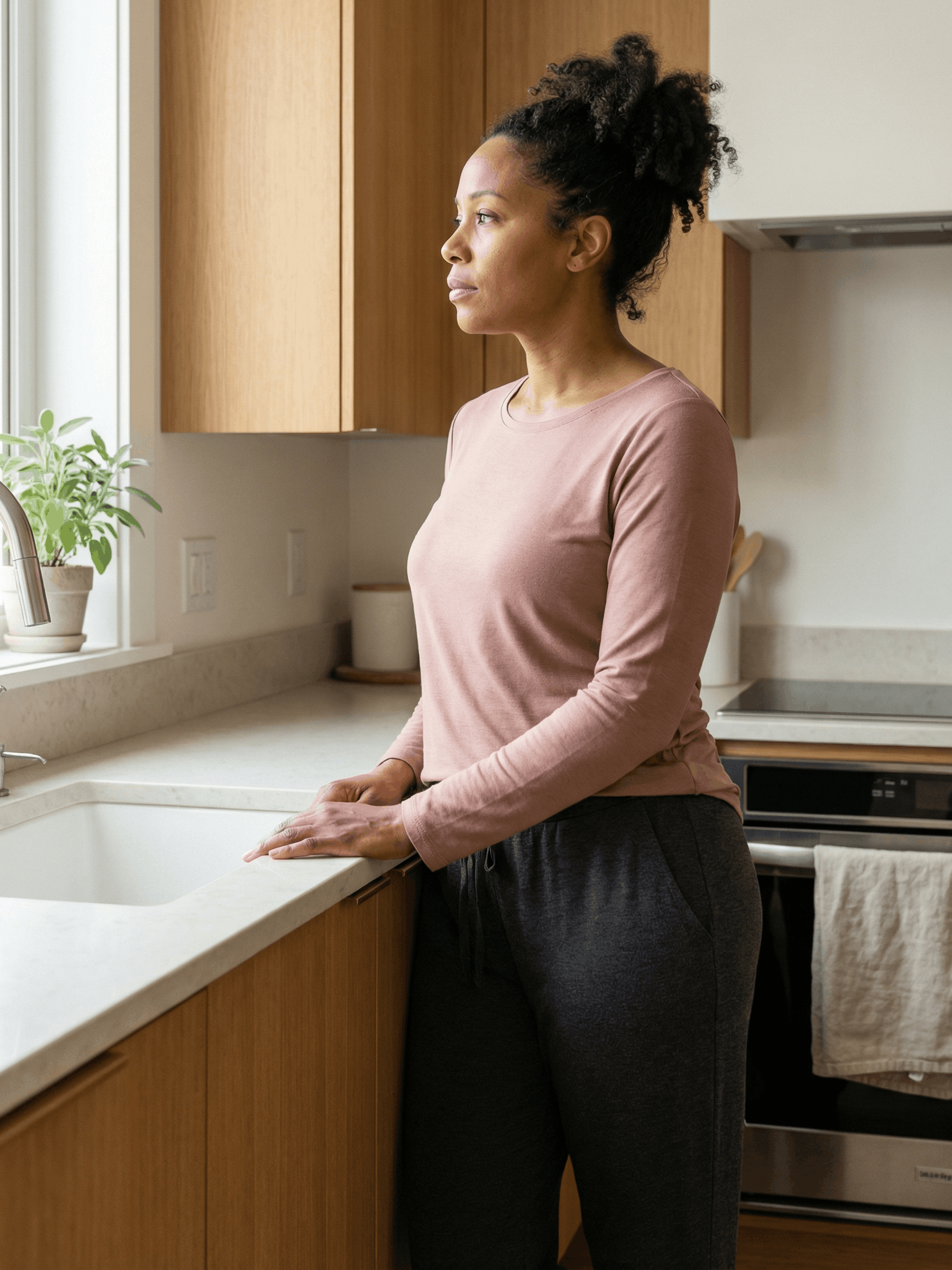 Woman stands in a kitchen, looking out the window, hands on the counter.