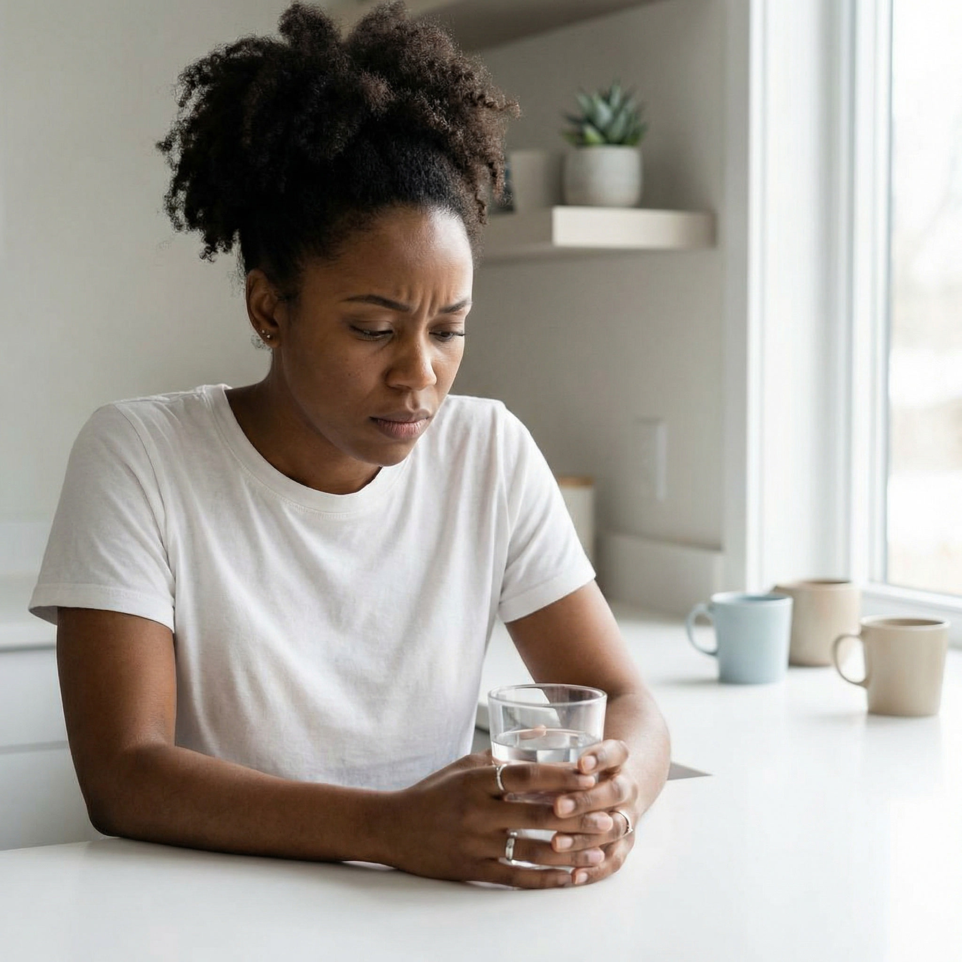 Woman in gray sweater smiles in front of a painting with yellow, white, and green birch trees.