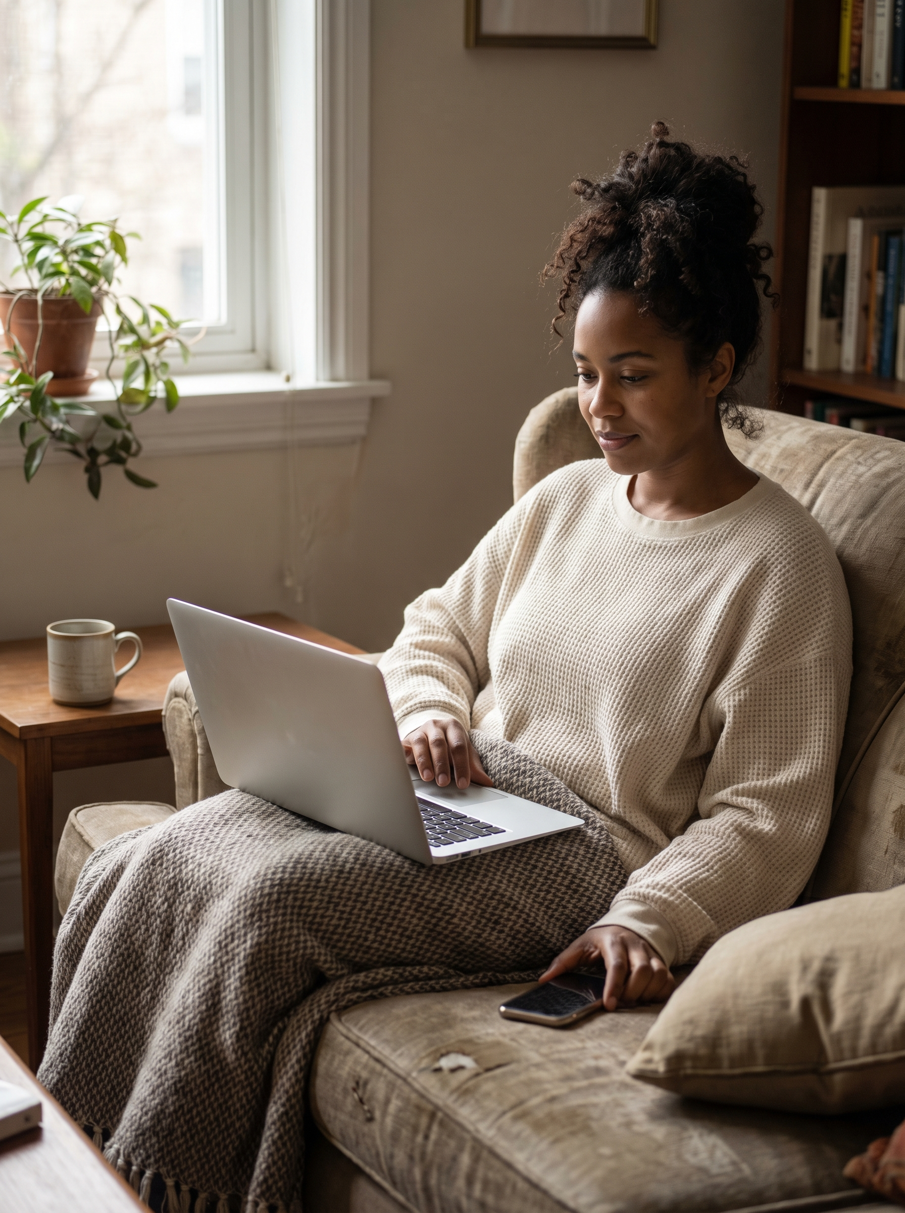Woman in gray sweater smiles in front of a painting with yellow, white, and green birch trees.