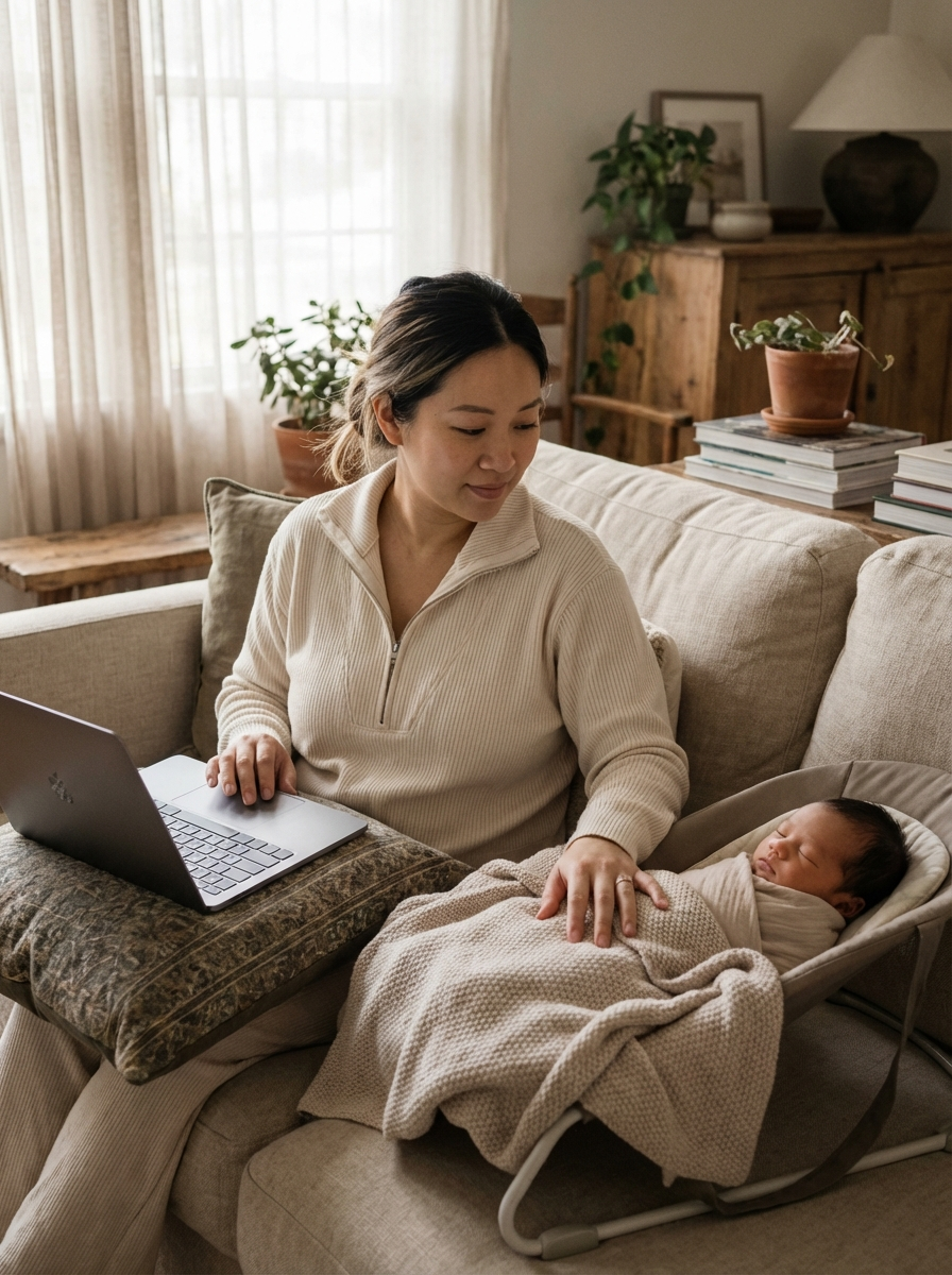 Woman stands in a kitchen, looking out the window, hands on the counter.