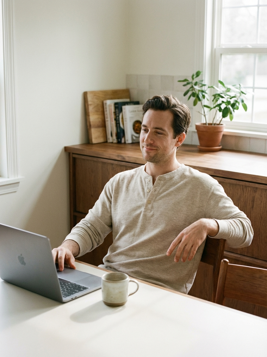 Pregnant person seated at a table, writing in a notebook, with baby clothes nearby.