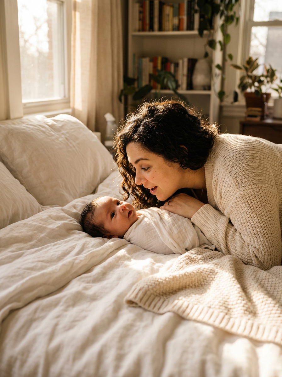 Woman stands in a kitchen, looking out the window, hands on the counter.