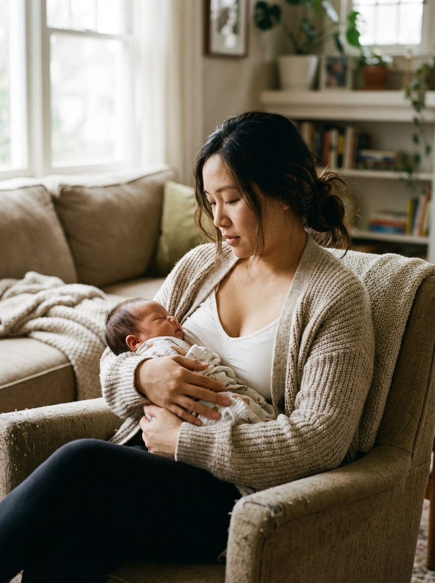 Pregnant person seated at a table, writing in a notebook, with baby clothes nearby.