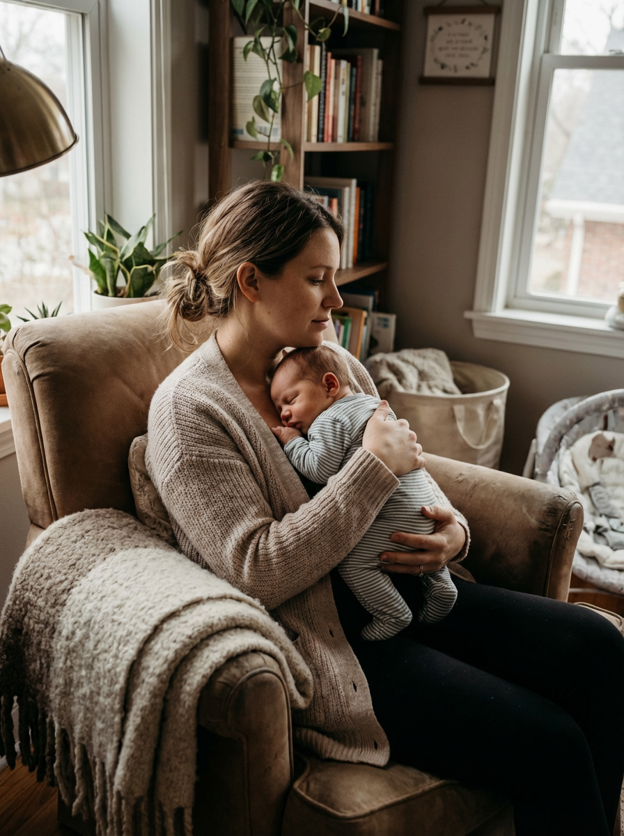 Woman in gray sweater smiles in front of a painting with yellow, white, and green birch trees.