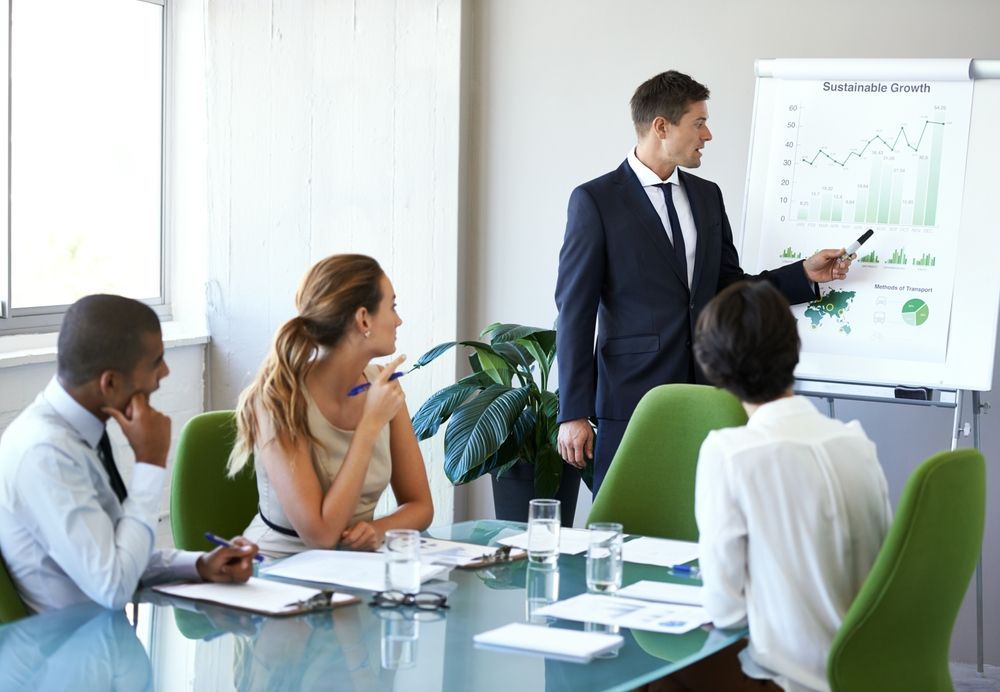 An outsourced CFO is giving a presentation to a group of people in a conference room.