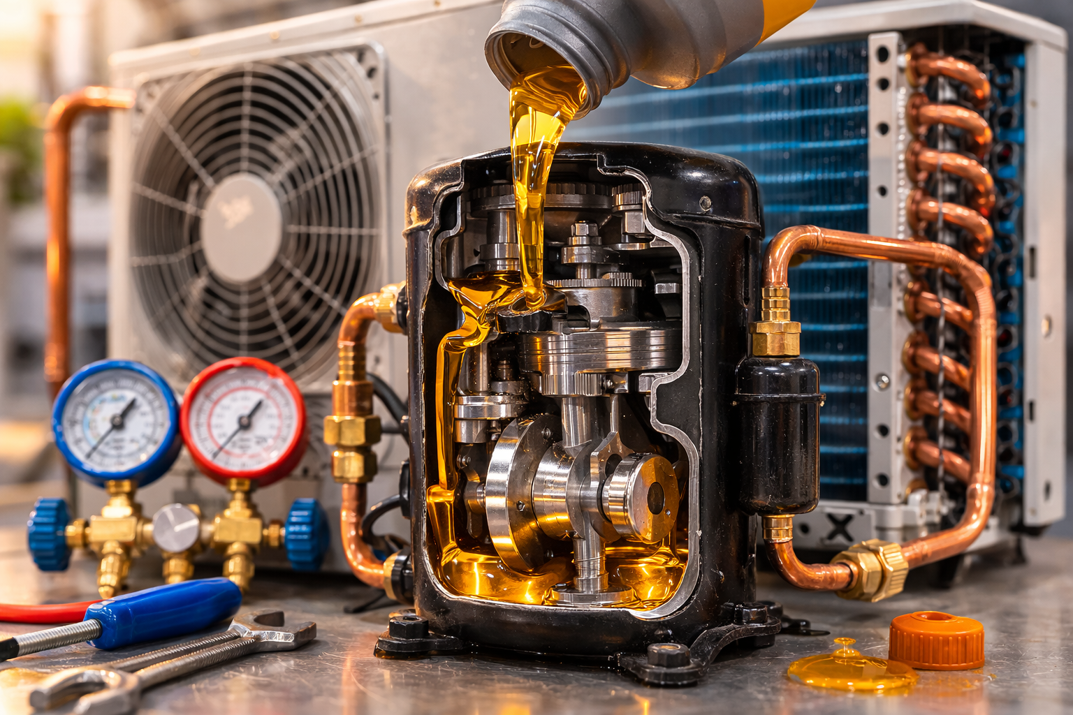 Compresor de aire acondicionado en corte técnico con aceite mineral circulando en su interior