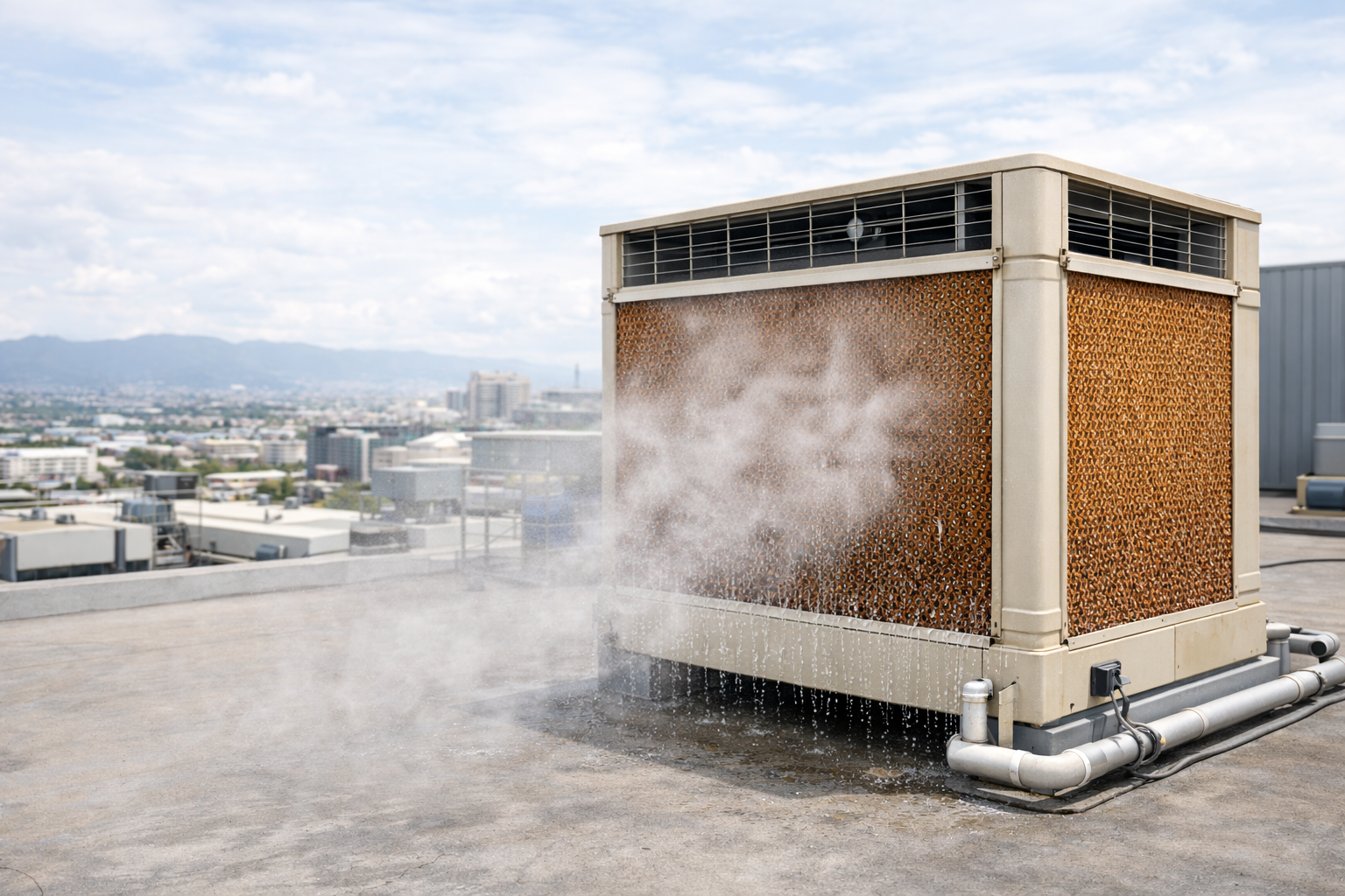 Equipo de aire lavado operando en azotea con paneles evaporativos humedecidos y neblina de salida, mostrando el funcionamiento del enfriamiento evaporativo en sistemas HVAC.