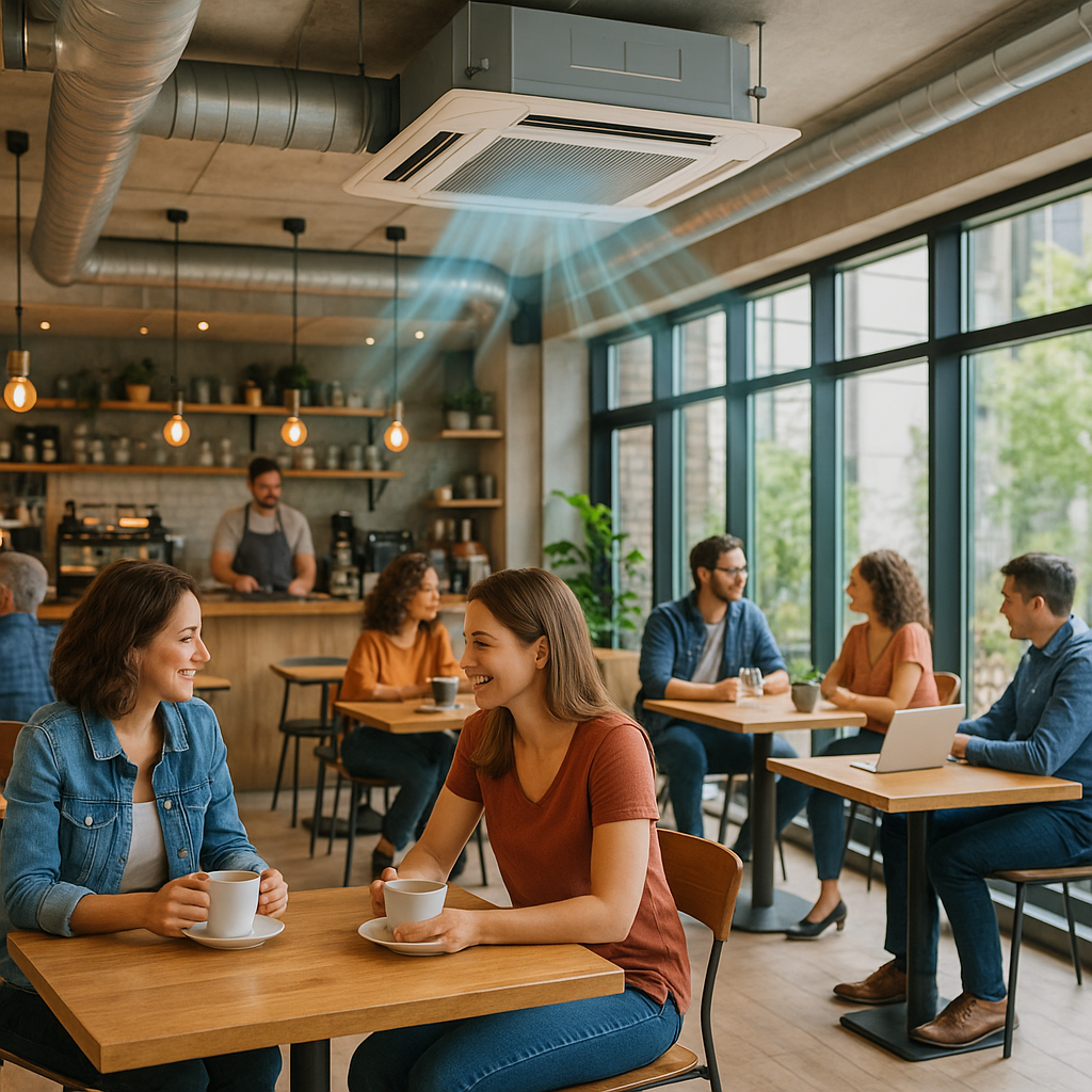 Vista interior de una cafetería moderna con personas disfrutando, aire acondicionado en techo y sen