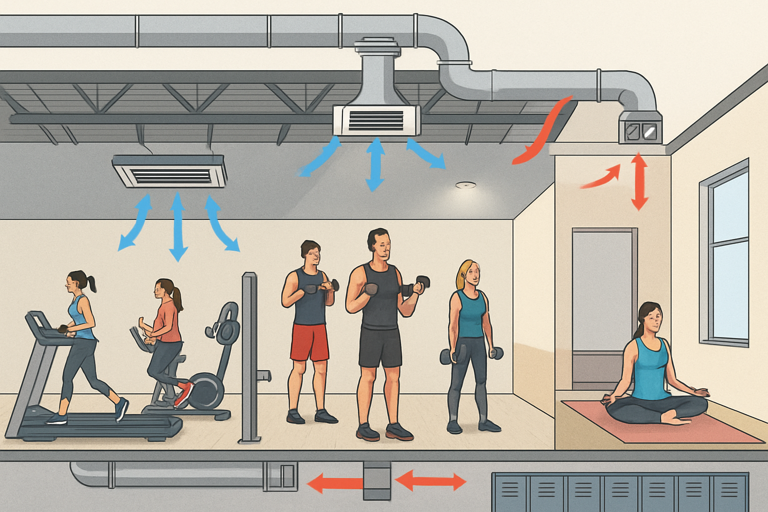 Gimnasio moderno con personas entrenando y sistema HVAC visible en techo.