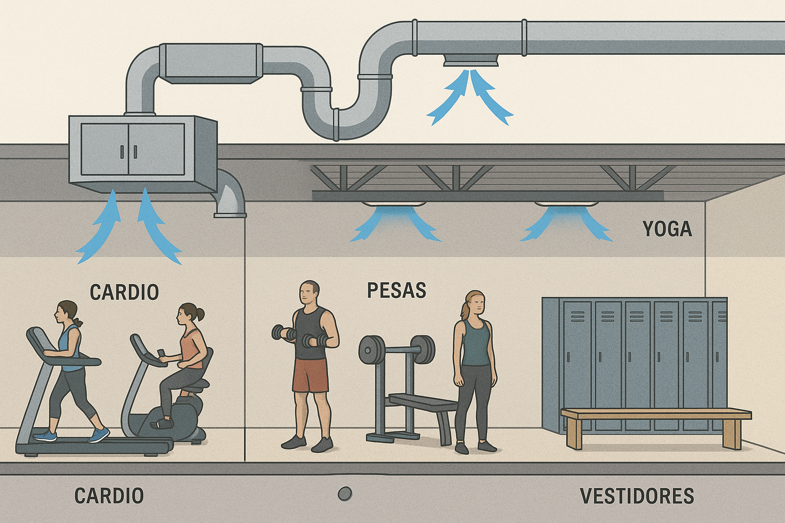 Corte seccional del gimnasio con diferentes zonas: cardio, pesas, yoga, vestidores, mostrando sistema de climatización y ventilación.