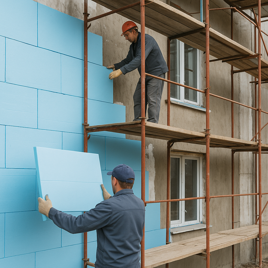 Paneles de poliestireno extruido siendo instalados en la fachada de un edificio.