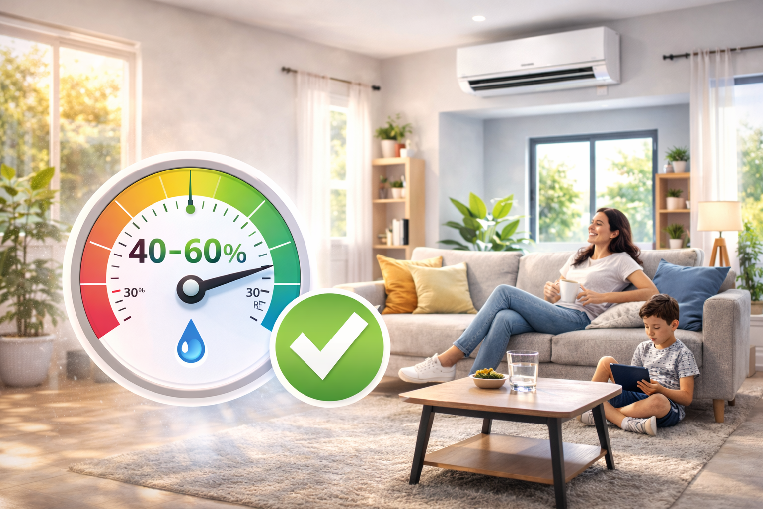 Sala de estar confortable con sistema de aire acondicionado y medidor indicando humedad relativa ideal entre 40% y 60%, mostrando condiciones óptimas de confort térmico y calidad del aire interior.