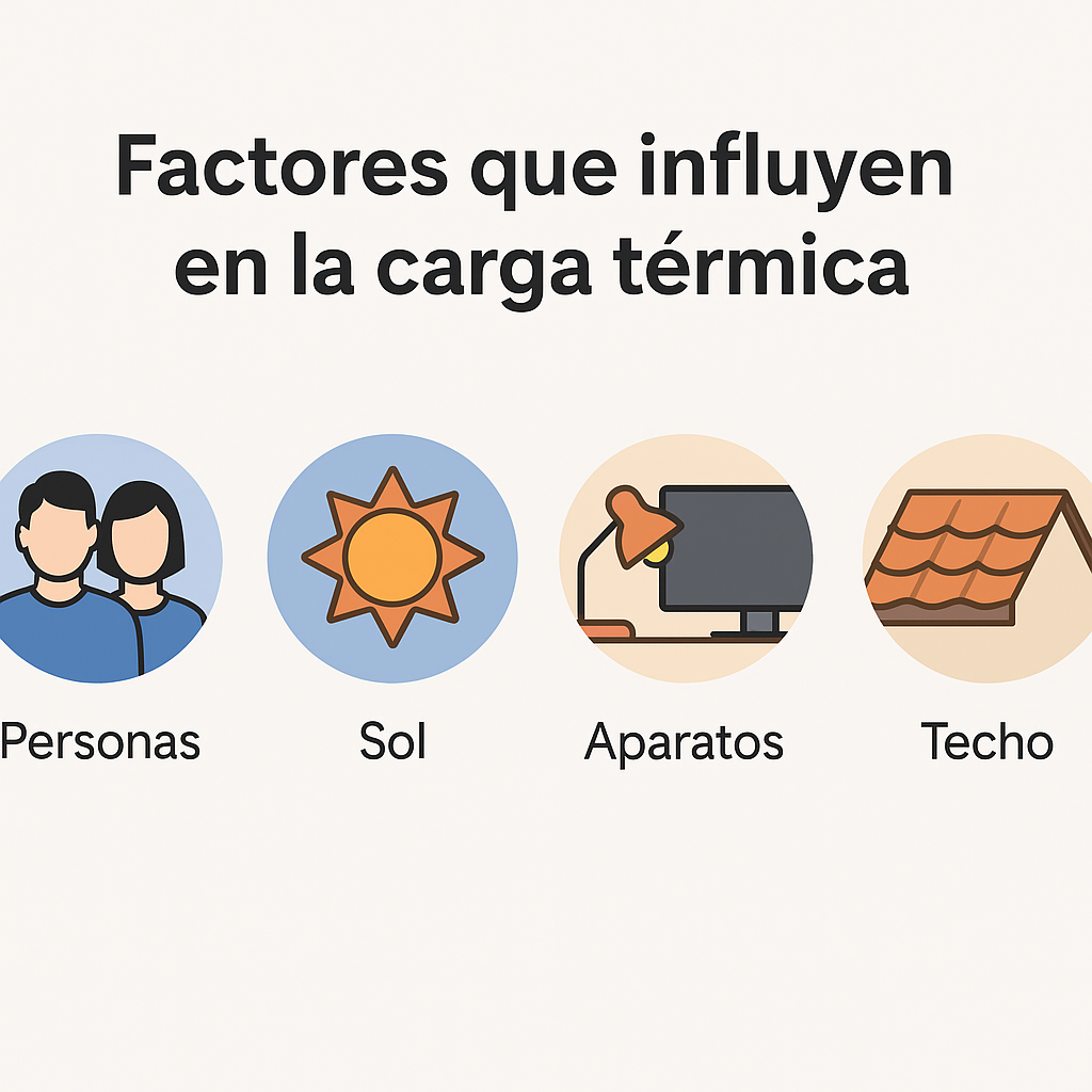 Infografía de factores adicionales que afectan la carga térmica (personas, sol, aparatos, techo).