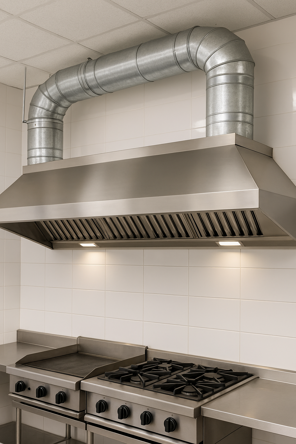 Instalación de campana de extracción en cocina con ducto metálico visible.