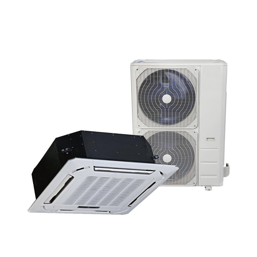 Un aire acondicionado de casete está sentado junto a un ventilador sobre un fondo blanco.