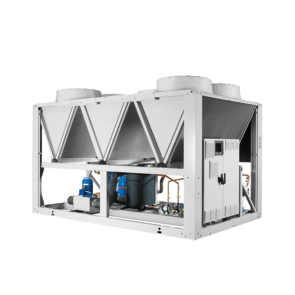 Un gran aire acondicionado blanco está colocado encima de una superficie blanca.