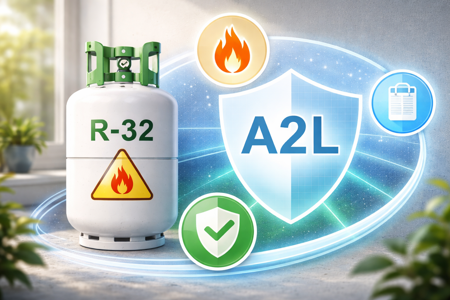 Ilustración del refrigerante R-32 con su clasificación de seguridad A2L según ASHRAE, mostrando baja toxicidad y baja inflamabilidad, junto a símbolos de protección y uso seguro en sistemas HVAC.