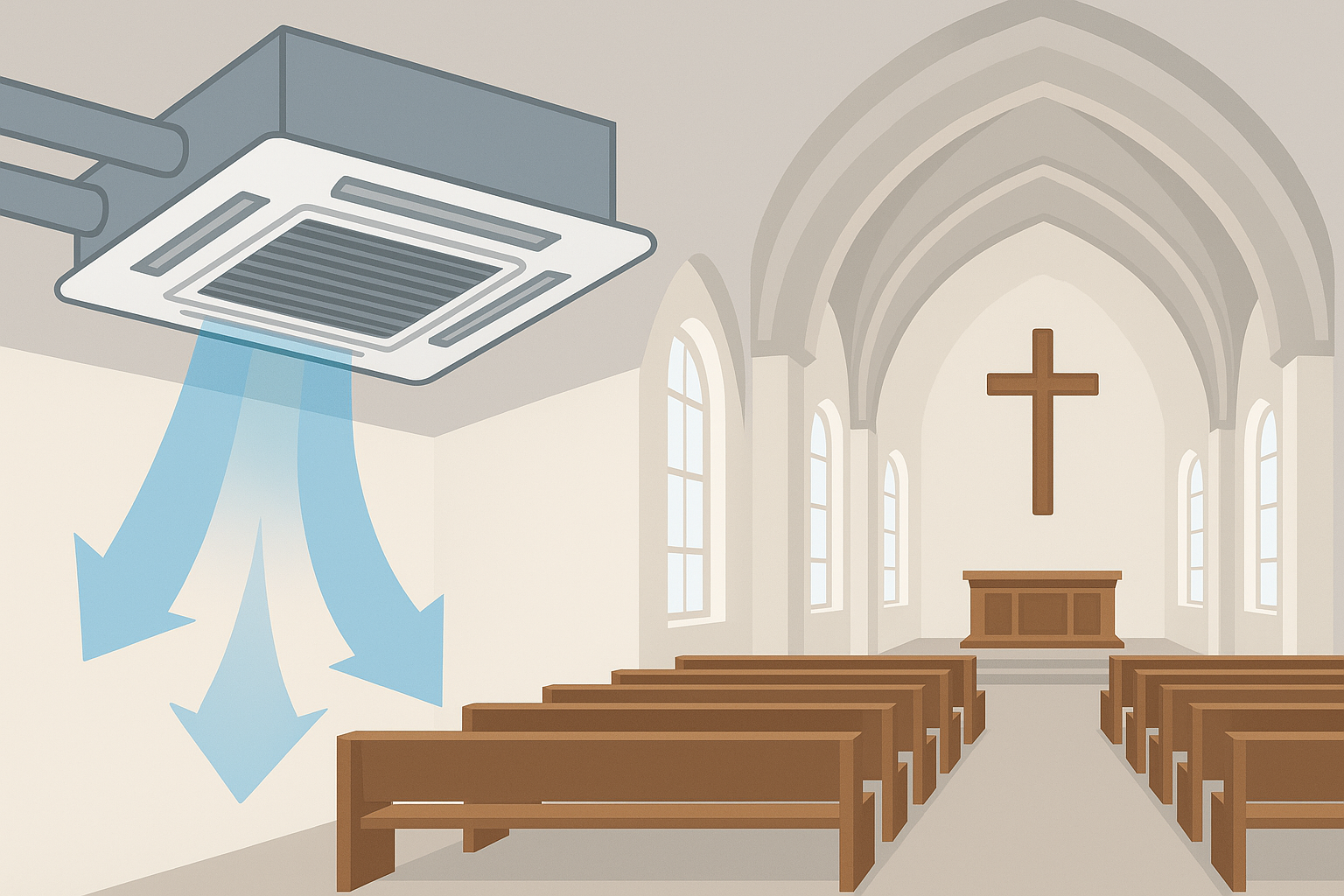 Iglesia moderna con sistema de climatización visible