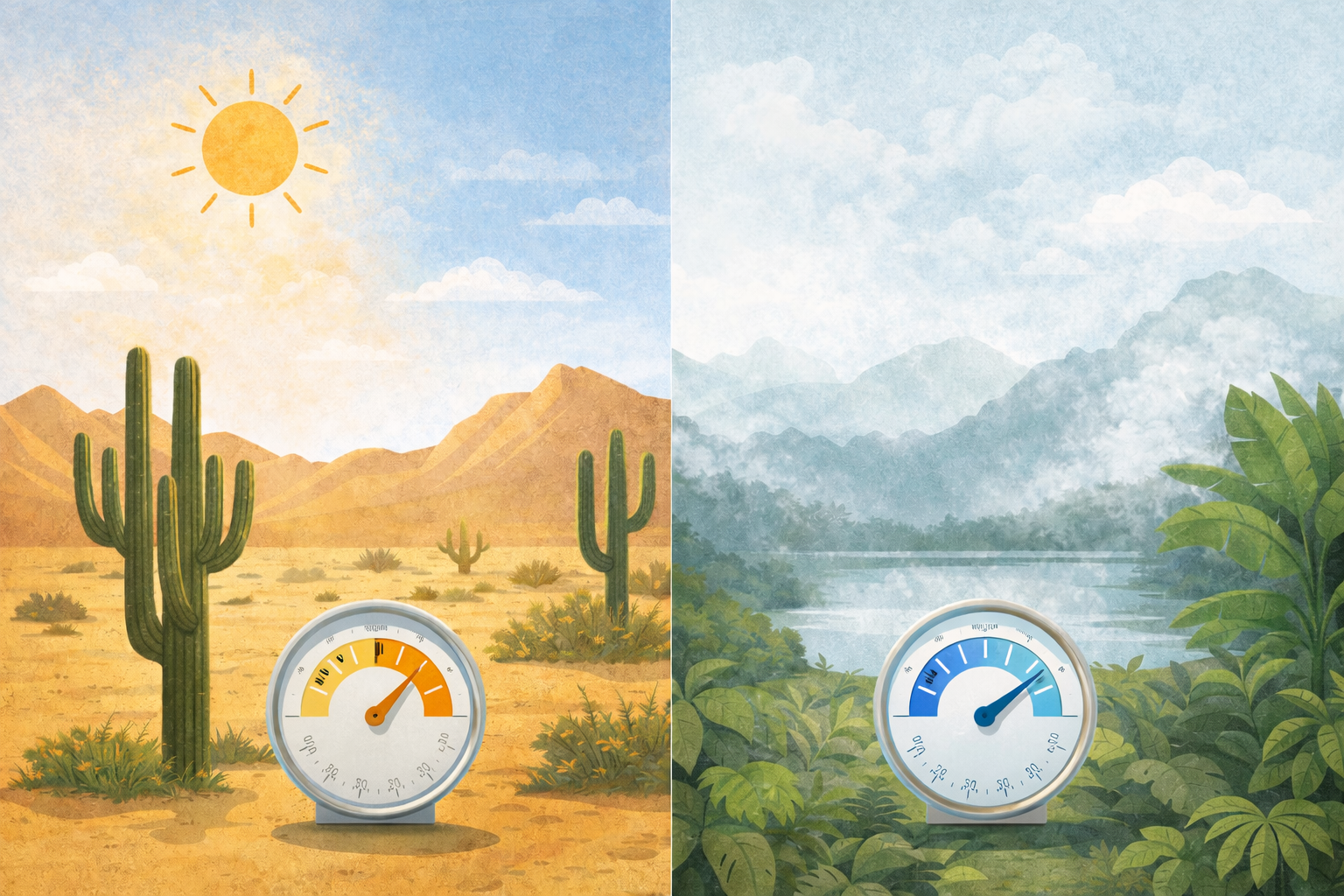 Comparación visual entre un clima seco y un clima húmedo con medidores de humedad, mostrando por qué el aire lavado es más eficiente en zonas áridas y pierde efectividad en ambientes húmedos.