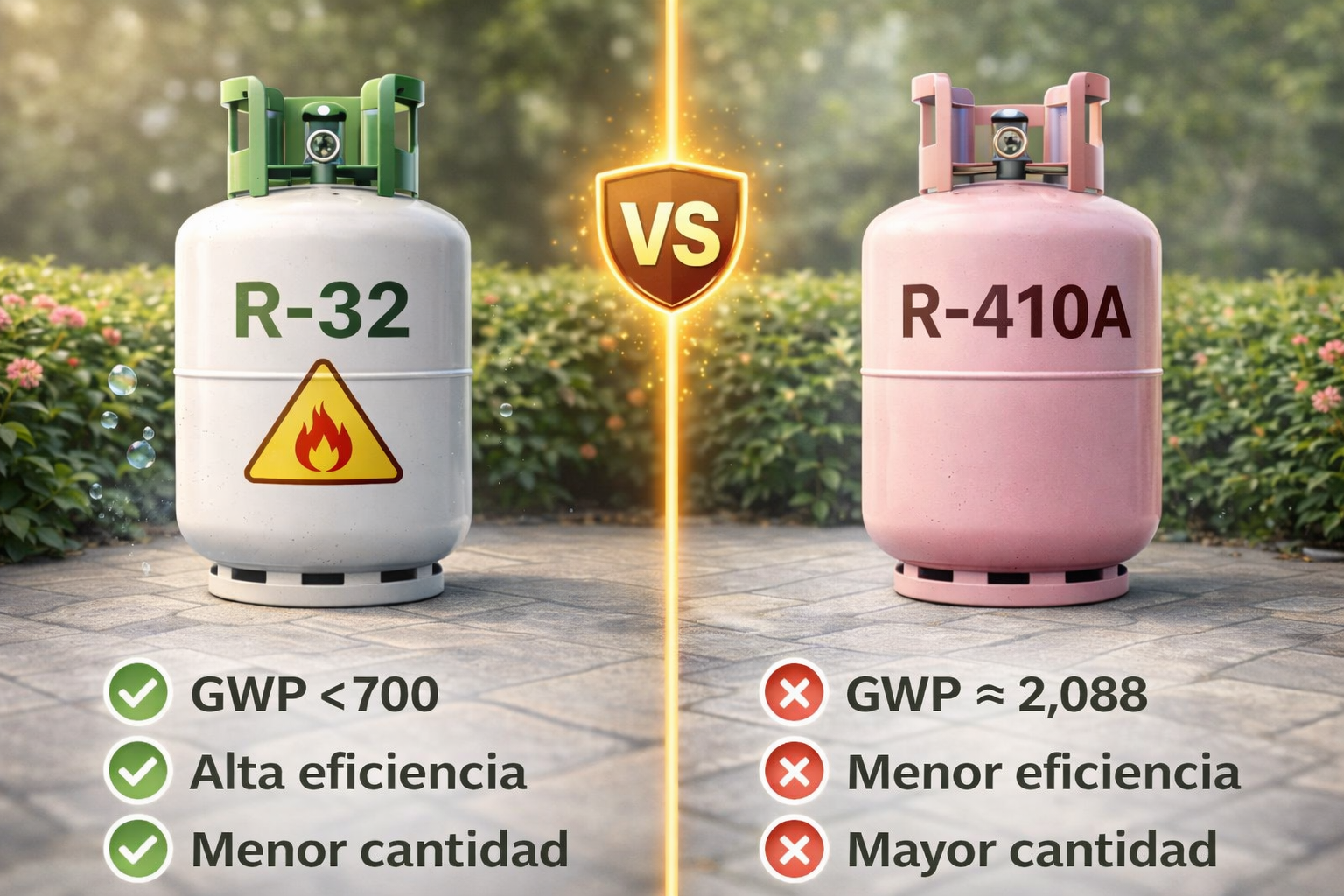 Comparativa visual entre refrigerantes R-32 y R-410A, destacando menor impacto ambiental, mayor eficiencia energética y menor carga de refrigerante del R-32 frente al R-410A en sistemas HVAC.