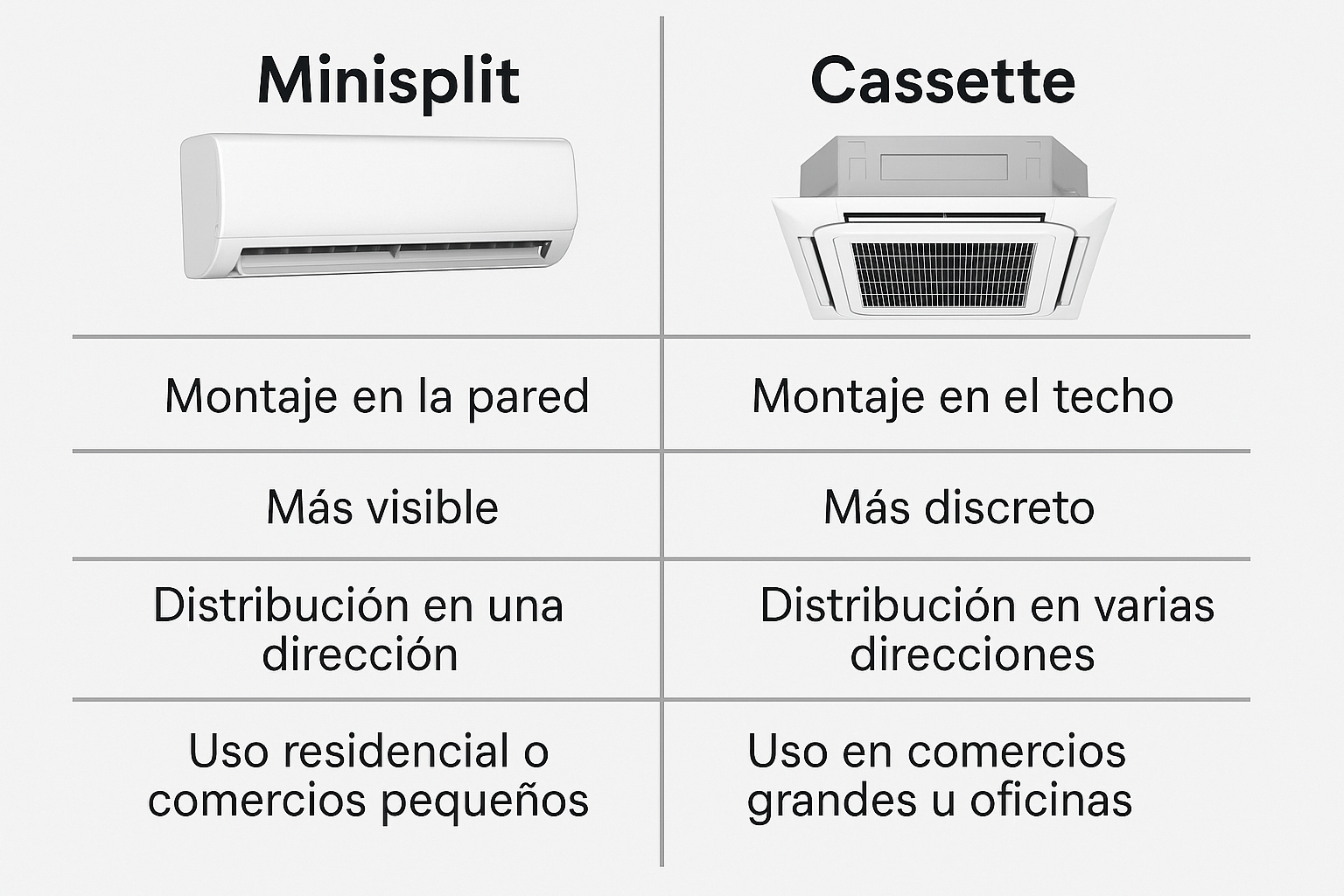 tabla comparativa entre minisplit y cassette