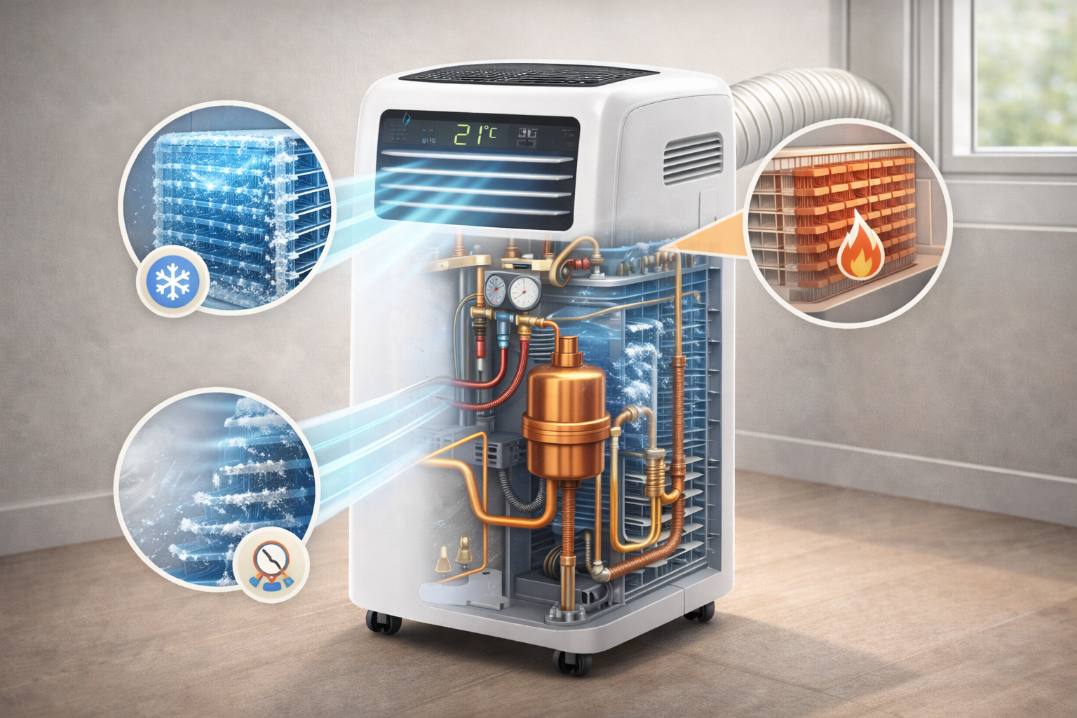 Ilustración detallada de una unidad portátil de aire acondicionado mostrando sus componentes internos principales: compresor, evaporador, condensador, ventilador y ducto de descarga, explicando visualmente su funcionamiento dentro de sistemas HVAC compactos.