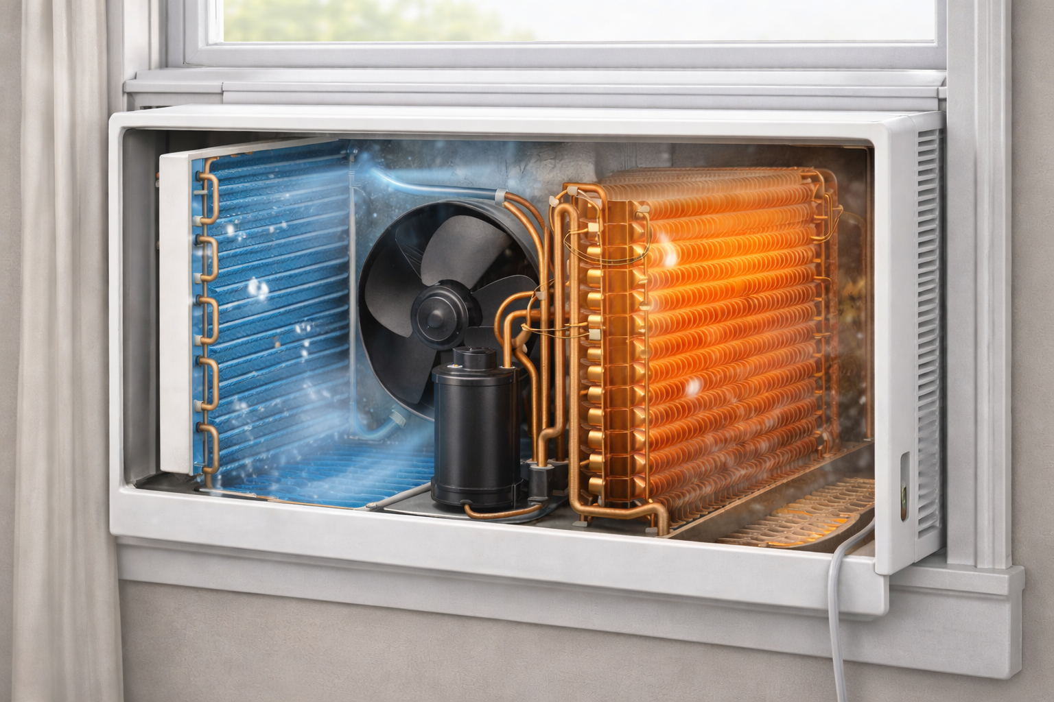 Ilustración detallada de una unidad de aire acondicionado tipo ventana mostrando sus componentes internos: evaporador, condensador, compresor, ventilador y circuito de refrigerante, explicando visualmente su funcionamiento en sistemas HVAC.