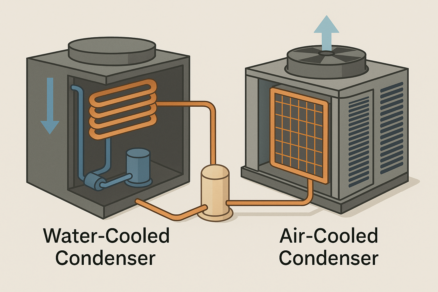 Comparación visual entre una condensadora por aire y una por agua