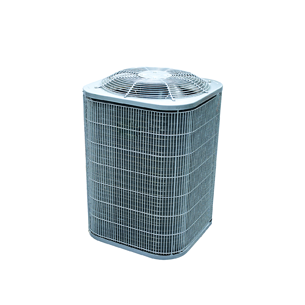 Un aire acondicionado plateado está colocado sobre una superficie blanca.