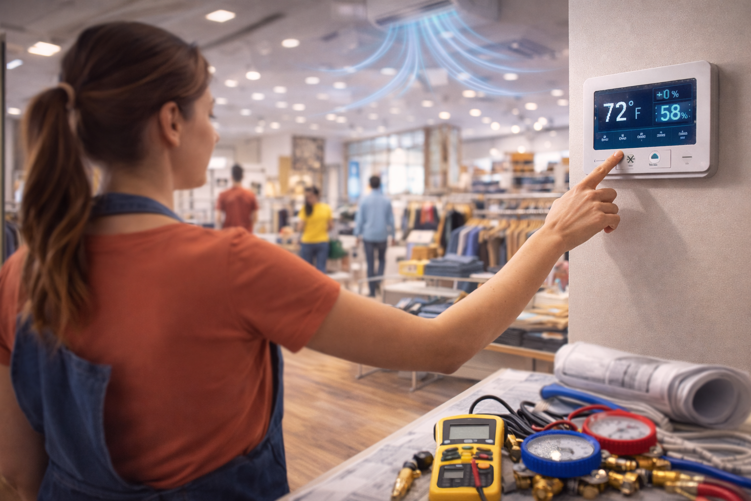 Encargada de tienda ajustando el termostato en un local comercial con sistema HVAC en funcionamiento, mostrando cómo el control de temperatura y humedad ayuda a mejorar el confort, la experiencia del cliente y la operación eficiente en retail.